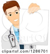 Clipart Of A Young Brunette White Male Doctor Holding Out A Piece Of Blank Paper Royalty Free Vector Illustration