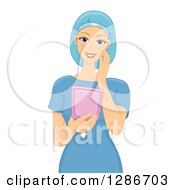 Poster, Art Print Of Happy Young White Female Patient In Scrubs Looking At Her Newly Reconstruction Face In A Mirror