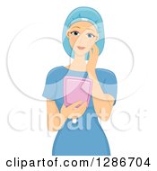 Clipart Of A Unhappy Young White Female Patient In Scrubs Looking At Her Face In A Mirror Royalty Free Vector Illustration