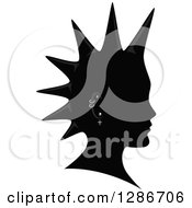 Clipart Of A Grayscale Profiled Mans Head With A Spiked Mohawk And Piercings Royalty Free Vector Illustration