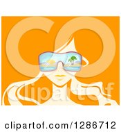 Womans Face With Beach Sunglasses And Long Hair On Orange