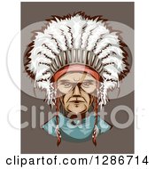 Poster, Art Print Of Portrait Of A Native American Indian Man With A Feathered Headdress Over Brown