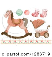 Poster, Art Print Of Vintage Baby Toys Socks Floral Border A Carriage And Rocking Horse