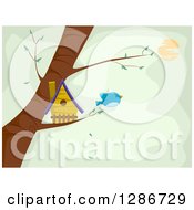 Clipart Of A Blue Bird Flying Away From A House In A Tree Over Green Royalty Free Vector Illustration by BNP Design Studio