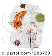 Poster, Art Print Of Pair Of Calico Koi Fish Swimming In A Pond With Autumn Leaves And A Lily Pad