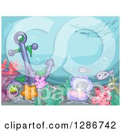 Clipart Of A Sunken Anchor With A Clam Corals Starfish And Fish At The Bottom Of The Ocean Royalty Free Vector Illustration