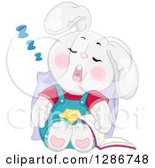 Poster, Art Print Of Tired White Bunny Rabbit Sleeping Upright With A Book At His Side