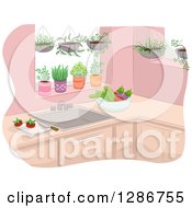 Kitchen With Hanging And Potted Plants And Vegetables On The Counter