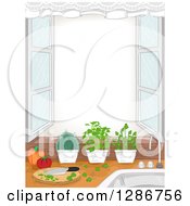 Kitchen Window With An Herb Garden Cutting Board And Window Frame