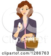Poster, Art Print Of Happy Brunette White Woman Gathering Chicken Eggs In A Basket