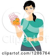 Clipart Of A Happy Asian Woman Using A Fruit Picker And Collecting Oranges Royalty Free Vector Illustration