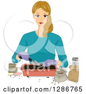Clipart Of A Blond White Woman Putting Soil In A Seedling Plant Tray Royalty Free Vector Illustration