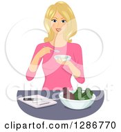 Clipart Of A Happy Blond White Woman Eating An Avocado Mash Royalty Free Vector Illustration by BNP Design Studio