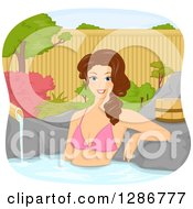 Clipart Of A Happy Brunette White Woman Soaking On A Hot Spring Spa Royalty Free Vector Illustration