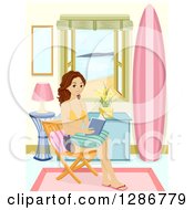 Poster, Art Print Of Happy Brunette White Young Woman Reading By A Window Looking Out At A Beach