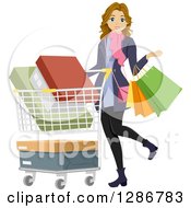 Poster, Art Print Of Happy Dirty Blond White Woman Carrying Shopping Bags And Pushing A Cart