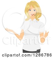 Clipart Of A Friendly Blond White Female Tour Guide Gesutring And Wearing A Headset Royalty Free Vector Illustration