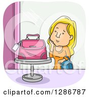 Clipart Of A Cartoon Blond Woman Admiring A Pink Purse On A Store Display Royalty Free Vector Illustration