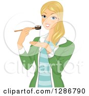 Poster, Art Print Of Happy Blond White Woman Eating A Maki Sushi Roll With Chopsticks