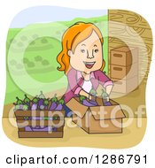 Poster, Art Print Of Happy Cartoon Red Haired White Woman Boxing Eggplants On A Farm