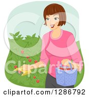 Poster, Art Print Of Happy Brunette White Woman Using A Fruit Picker To Collect Strawberries From A Bush