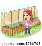 Poster, Art Print Of Happy White Cartoon Woman Checking Out Her Raised Garden Beds