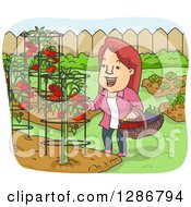 Poster, Art Print Of Happy Cartoon Woman Harvesting Tomatoes And Eggplants From Her Backyard Garden