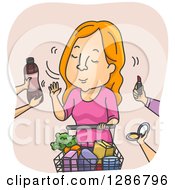 Cartoon Red Haired White Woman Refusing Offered Products At A Supermarket