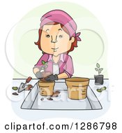 Poster, Art Print Of Cartoon Caucasian Woman Transfering Plants