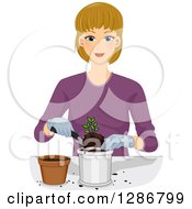 Poster, Art Print Of Happy Blond White Woman Transplanting A Seedling