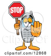Clipart Picture Of A Wireless Cellular Telephone Mascot Cartoon Character Holding A Stop Sign by Toons4Biz