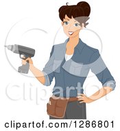 Clipart Of A Happy Brunette White Woman Wearing A Tool Belt And Using A Power Drill Royalty Free Vector Illustration by BNP Design Studio