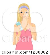 Poster, Art Print Of Happy Blond White Woman Applying A Facial Cream