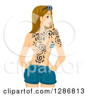 Clipart Of A Dirty Blond White Woman In Shorts And A Bikini Top Looking Back And Showing Henna Tattoos Royalty Free Vector Illustration by BNP Design Studio