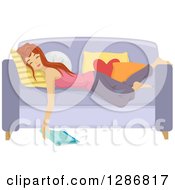Clipart Of A Young Red Haired White Woman Asleep On A Couch During Studying Royalty Free Vector Illustration