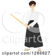 Young Male Asian Kendo Fighter With A Bamboo Stick