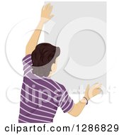 Poster, Art Print Of Rear View Of A Brunette Caucasian Man Hanging A Blank Sign Or Poster