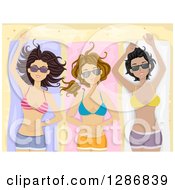 Clipart Of A Group Of Three Young Women Sun Bathing At A Beach Royalty Free Vector Illustration