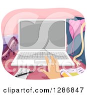 Clipart Of A White Hand Using A Laptop Computer On A Messy Girls Desk Royalty Free Vector Illustration