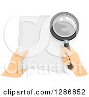 Clipart Of White Hands Holding A Document And Magnifying Glass Royalty Free Vector Illustration