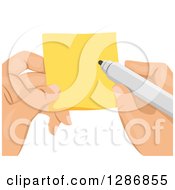 Poster, Art Print Of White Hands Holding And Writing On A Sticky Note
