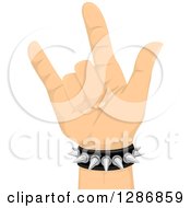 White Hands Gesturing Rock On And Wearing A Spiked Bracelet