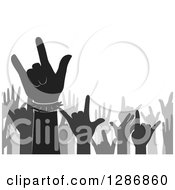 Poster, Art Print Of Silhouetted Grayscale Music Fan Crowd Of Hands Gesturing Rock On
