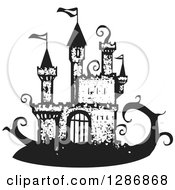 Poster, Art Print Of Black And White Woodcut Fantasy Jack And The Beanstalk Castle