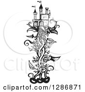Clipart Of A Black And White Woodcut Fantasy Castle On A Beanstalk Royalty Free Vector Illustration