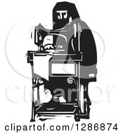 Poster, Art Print Of Black And White Woodcut Arabian Woman Working At A Sewing Machine