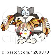 Clipart Of A Hungry Border Collie Dog Shoving Weenies In His Mouth At A Hot Dog Eating Contest Royalty Free Vector Illustration