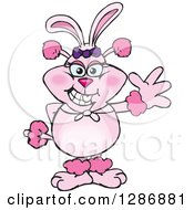 Clipart Of A Cartoon Pink Poodle Dog Wearing Easter Bunny Ears And Waving Royalty Free Vector Illustration by Dennis Holmes Designs