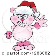 Poster, Art Print Of Cartoon Pink Poodle Dog Wearing A Christmas Santa Hat And Waving