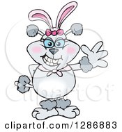 Clipart Of A Cartoon Gray Poodle Dog Wearing Easter Bunny Ears And Waving Royalty Free Vector Illustration by Dennis Holmes Designs